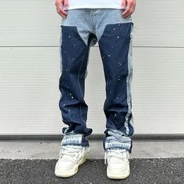 European Ink Sprayed Flared Jeans For Men Contrast Color Looen Fit Streetwear Denim Clothes Open Hem Males Baggy Pants 240313
