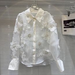 Women's Blouses Spring Sequins 3D Flowers Mesh Spliced Pearls Beaded Shirts Gauze Patchwork Sequined Chiffon Cardigan Crop Tops 2024