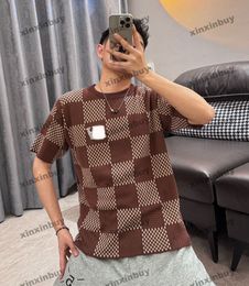 xinxinbuy Men designer Tee t shirt 2024 Italy Chessboard grid Knitted cardigan short sleeve cotton women gray black white green XS-3XL