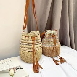 Drawstring Fashion Tassel Woman Shoulder Bag Hand Woven Bohemian String Cotton Thread Bucket