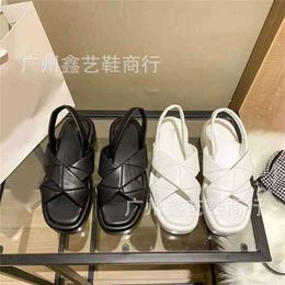 27% OFF Sports shoes 2024 P Family Crossed Thick Sole Sandals Summer New Leather Cake with Square Headed Elevated Height for Womens Shoes