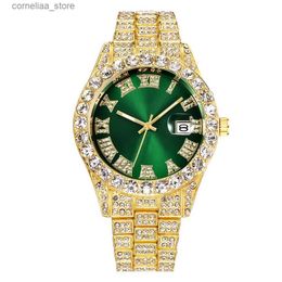 Other Watches Fashion Business Diamond-Studded Mens And Womens es Roman Scale Calendar Hip Hop Gold Green Full Diamond Y240316