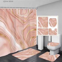 Shower Curtains Abstract Pink Marble Shower Curtain Set Gold Textured Modern Geometric Ink Art Bathroom Decor Door Rug Bath Mat Toilet Lid Cover Y240316