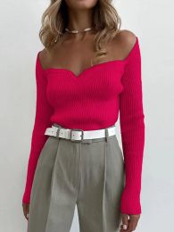 T-Shirt Women Knitted Squar Neck Ribber Cropped Sweater Sexy Skinny Off the Shoulder Long Sleeve Y2k Clothing 2022 Autumn Ofiice Tops