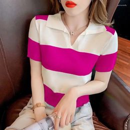 Women's Polos Short Sleeve Tee Black Top T Shirts Polo Neck Shirt Clothes Striped Green High Quality Youth Summer 2024 Trend Cotton V