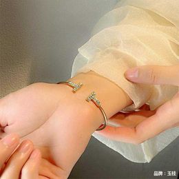 Brand Hot Selling Diamond Set Double T Open Bracelet Womens Versatile Handicraft Tfany Same Style YLI4