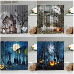 Shower Curtains Horror Night Landscape Shower Curtains White Ghost Forest Pumpkin Castle Tombstone Moon Halloween Bath Curtain Bathroom Decor Y240316