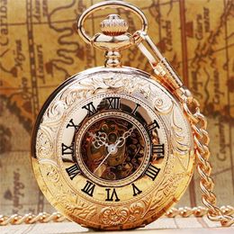 Classical Steampunk Rose Gold Colour Handwinding Mechanical Pocket Watch Unisex Roman Numerals Skeleton Clock Pendant Chain Reloj d311e