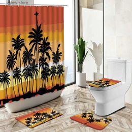 Shower Curtains Tropical Plant Palm Tree Leaf Shower Curtain Hawaiian Scenery Home Decor Bath Mat Toilet Lid Cover Flannel Bathroom Carpet Set Y240316
