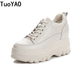 Autumn Women Genuine Leather Shoes Platform Wedge Sneakers Chunky Shoes Hidden Heel 8CM White Beige Women Casual Shoes Spring 240309