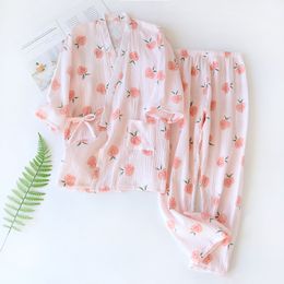 pajamas Japanese all cotton gauze in spring and autumn, pure cotton washed crepe fabric, long sleeved home clothing set, cardigan, thin style