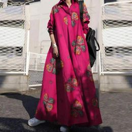 Casual Dresses Ethnic Style Dress Bohemian Floral Print Maxi For Women With Turn-down Collar Long Sleeves Plus Size