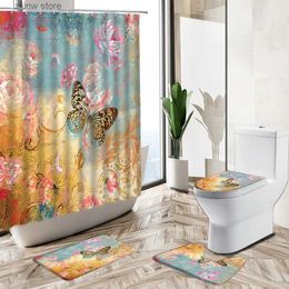 Shower Curtains Color Butterfly Flower Shower Curtain European And American Retro Home Decor Bath Mat Toilet Lid Cover Flannel Bathroom Carpet Y240316