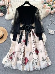 Casual Dresses Senior Knitted Patchwork Dress Long Lantern Sleeves Bow Mesh Embroidery Floral Women Autumn France Elegant Party