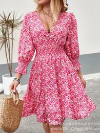 Casual Dresses Floral Print Lantern Sleeve Ruffles Dress Women V Neck High Waist A Line Vestidos Elegant Bohemian Spring 2024