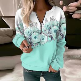 Gym Clothing Floral Print Sweatshirt Flower V Neck For Women Stylish Spring Pullover With Zipper Decor Elastic Cuff Soft