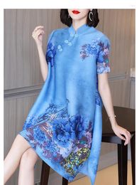 Party Dresses SELLING Miyake Fold Chinese Style Print Stand Collar Short Sleeve Beaded Straight Dress IN STOCK