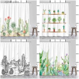 Shower Curtains Tropical Green Flowers Plants Cactus Shower Curtain Spring Modern Potted Succulents Palm Leaves Fabric Bathroom Curtains Decor Y240316