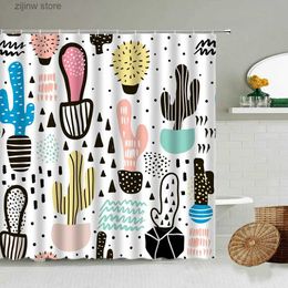 Shower Curtains Cartoon Cactus Shower Curtain Hand-painted Plant European Style Home Child Bathroom Wall Decor With Hook Waterproof Bath Screen Y240316