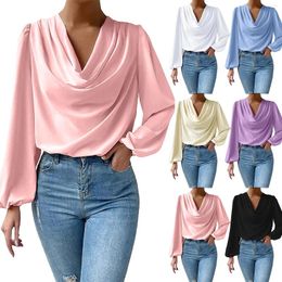 Women's Blouses Ruffle Folds V Neck Shirts For Blouse Tops Casual Chiffon Shirt Loose Button Solid Office Lady Blusas