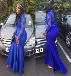 New Royal Blue Sheer Long Sleeves Evening Dresses 2017 Fashion Lace Appliques Cheap Mermaid Prom Dresses Long Party Gowns For Blac3753917