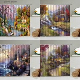 Shower Curtains Dream Rural Scenery Oil Painting Shower Curtain Cherry Blossom Trees Plant House Creek Landscape Bathroom Decor With Hook Screen Y240316