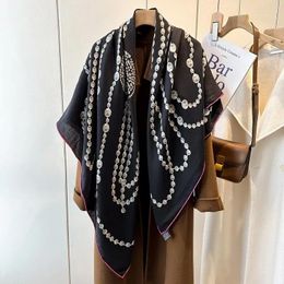 Scarves High-end Elegant Women Exquisite Pearl Necklace Printed Quality Silk Wool Hand-rolled Edge Warm Soft Large Square Scarf Shawl