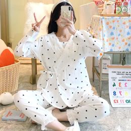 Sleepwear 100% Cotton Thin Light Gauze Maternity Nursing Sleepwear Sets Dot Printed Robe Pamas Suit Clothes for Pregnant Women Pregnancy