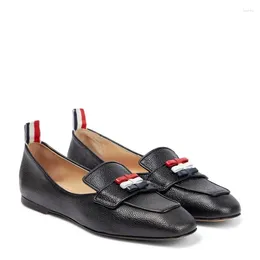 Casual Shoes 2024 Autumn And Winter Leather Bow Square Toe Single Shoe Slip-on Flat Loafers Ladies British Style