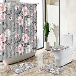 Shower Curtains Small Floral Flower Shower Curtain Rose Plant Leaf Watercolor Art European Style Decor Bath Mat Toilet Cover Bathroom Carpet Set Y240316