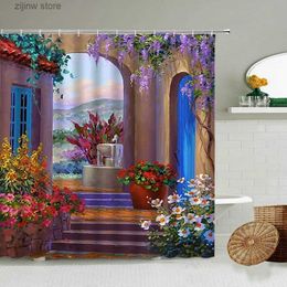 Shower Curtains Country Oil Painting Scenery Shower Curtain Greece Flower Green Plant Garden View Colour Retro Style Bathroom Curtains Home Decor Y240316