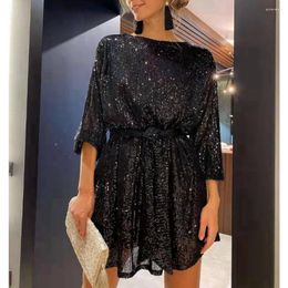 Casual Dresses Women Elegant Party Sequin Glitter Long Sleeve A Line Midi Dress With Belt Female Slim Evening Gowns Sexy Night Club Short