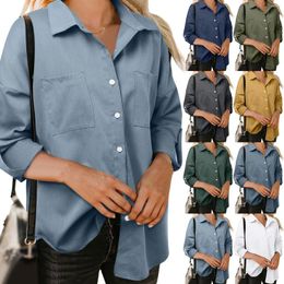 Women's Blouses 2024 Autumn Long Sleeve Shirts For Women Solid Colour Lapel Shirt Womens Tops And Ladies Loose Pocket Tunics