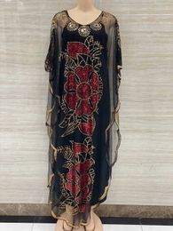 Style African Womens Clothing Dashiki Abaya Fashion Gauze Fabric Sequins Bat Sleeve Loose Dress Free Size Single Piece 240309