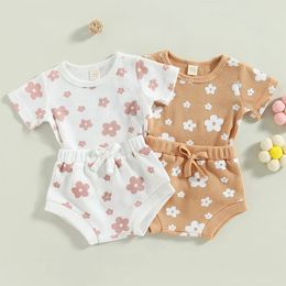 20230211 Lioraitiin 018M Infant Baby Girl 2Pcs Summer Outfits Short Sleeve Waffle Knit Floral Tshirt Shorts Set 240314