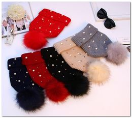 Christmas Old girls knit hat kids rivet pearls beaded bonnet hat children big pompon beanie winter women thicken knitted warm caps9961459