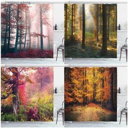 Shower Curtains Autumn Forest Shower Curtains Fog Red Maple Leaves Plants Trees Rural Nature Scenery Garden Wall Hanging Bathroom Curtain Decor Y240316