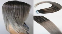 Balayage Ombre Colour 2 Brown Fading to Grey Brazilian Remy Hair Glue Skin Weft PU Tape Hair Extensions 16 18 20 22 24inch5572405