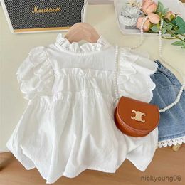 Clothing Sets 2023 Summer New Girls Set Childrens Fashion Flying Sleeve Lace Doll Shirt+Lace Denim Shorts 2pcs clothing Set