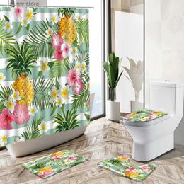 Shower Curtains Pineapple Summer Fruit Shower Curtain Tropical Plant Flower Creative Stripe Non-Slip Pedestal Rug Toilet Cover Bathroom Deco Set Y240316