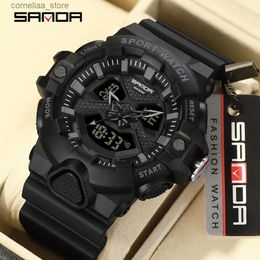 Other Watches SANDA Dual Display Men es Waterproof Sports Military Man Alarm Stop Quartz Wrist Male LED Digital Clock Y240316