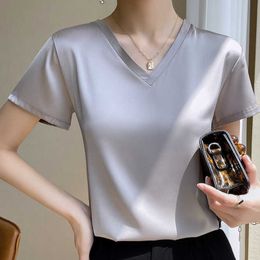 Simulated satin short sleeved 2023 summer womens new loose V-neck solid Colour simple and smooth cool texture T-shirt top