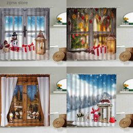 Shower Curtains Xmas New Year Window View Shower Curtain Merry Christmas Snowman Holiday Gift Winter Snow Scenery Bathroom Screen With Hooks Set Y240316