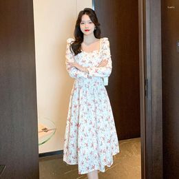 Casual Dresses Fall 2024 French Style Retro Printed Gentle Slimming Floral Pleated Long Sleeve Dress