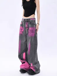 Women's Jeans High Street Vintage Summer Spray Dyed Graffiti Straight Tube Pants Washed Wide Leg