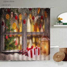 Shower Curtains Christmas Shower Curtain Set Beautiful Window View Winter Snow Scenery Xmas Tree Retro Wooden House Cute Snowman Bathtub Screens Y240316