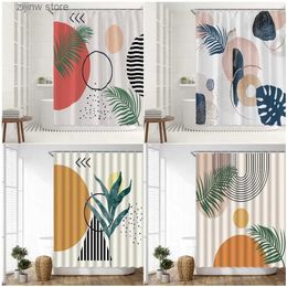 Shower Curtains Mid Century Geometric Shower Curtains Tropical Plants Monstera Palm Leaves Polyester Fabric Abstract Bathroom Decor with Hooks Y240316