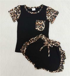 Fashion Boutique Baby Girl Baby Clothes Black Leopard Print Pocket Short Sleeve Kids Baby Girl Designer Clothing Bow Shorts Set2369949