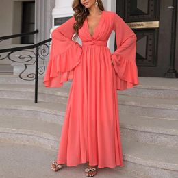 Casual Dresses Women's Bohemian Sexy Deep V-neck Dress Flared Sleeves A-Line High Slit Long 2024 Fashion Vacation