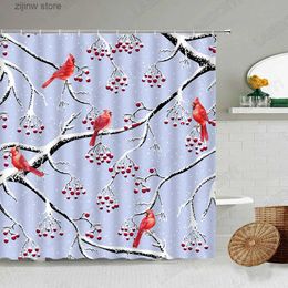 Shower Curtains Red Birds Shower Curtains Creative Tree Branch Snow Berry Plant Winter Scenery Fabric Bathroom Decor Bath Curtain Set with Hooks Y240316